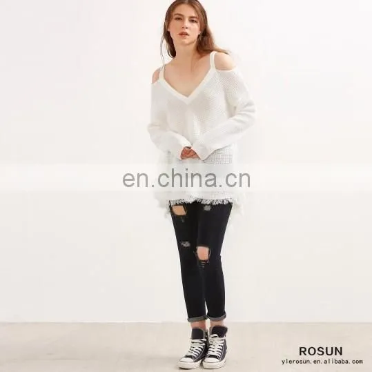 Newest Design White Cold Shoulder V Neck High Low Sweater