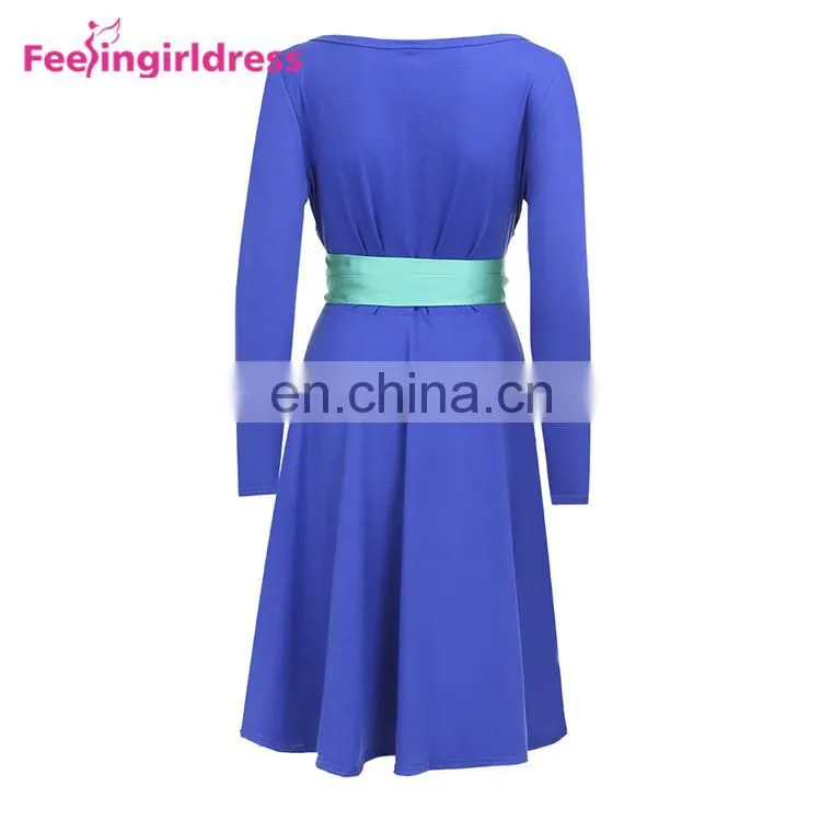 Free Shipping Soft Women Blue Long Sleeve Midi Casual Office Dress Elegant
