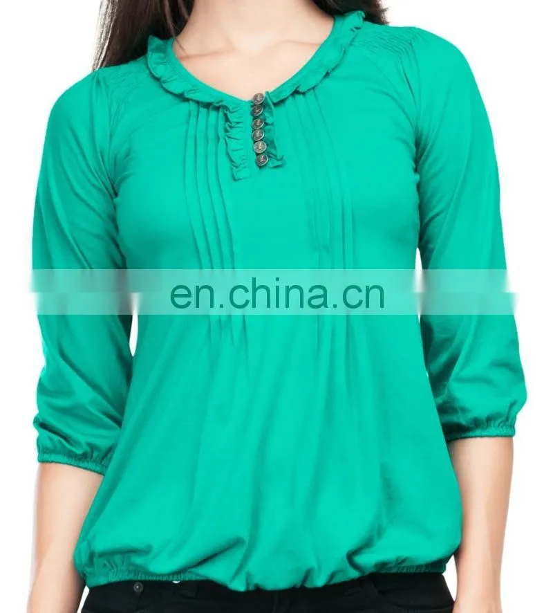 Sea Green Pintucks And Ruffle Top Oem factory direct light weight chiffon frill collar blouse with front pintuck