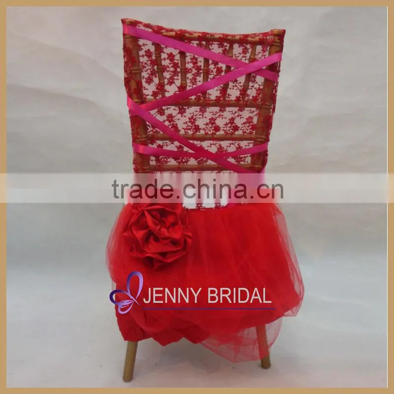 C133B lastest flower decoration red tulle wedding cheap chair covers for sale
