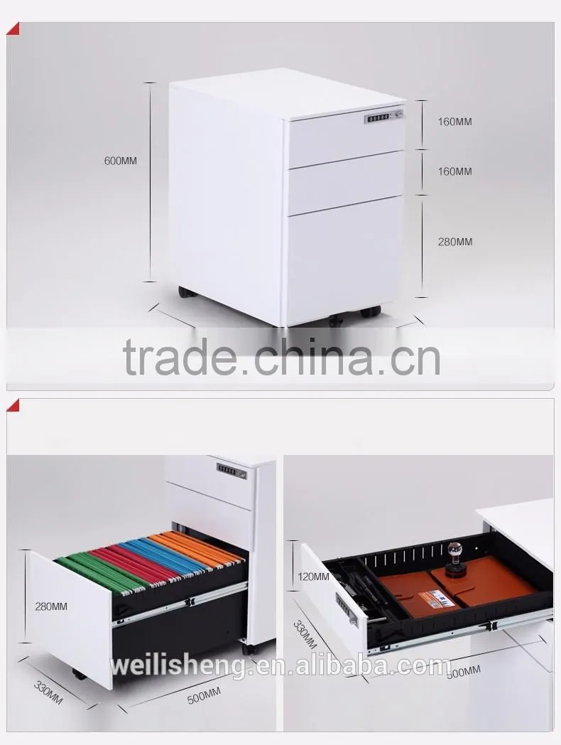 WLS best design 3 drawers steel mobile cabinet with 5 casters for office