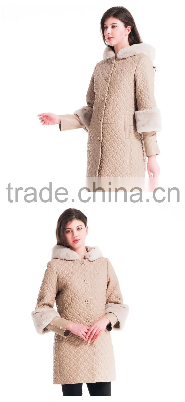 Winter Women Medium Length Embroidered Leather Coat With Detachable Beaver Rabbit Skin Hat Overcoat