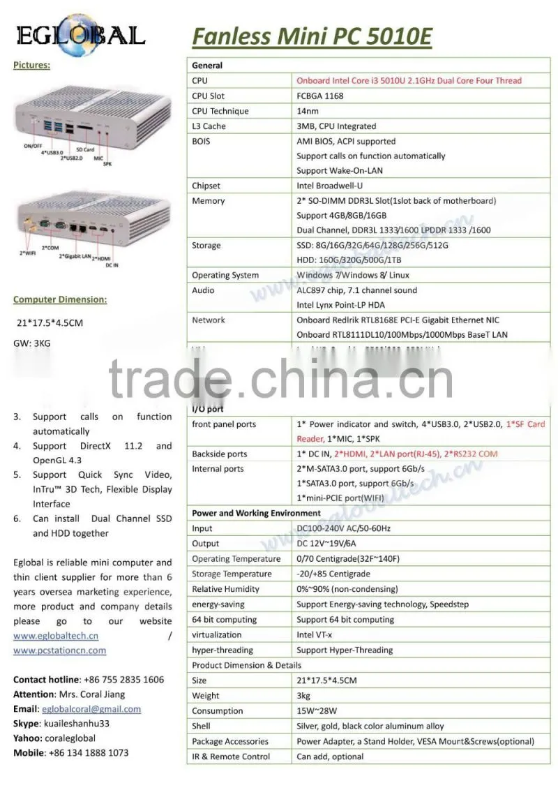 8GB RAM 128GB SSD 1TB HDD Small Server 2 Gigabit Lan/HD MI/COM Core i3 5010U12V Gaming PC Intel HD5500 Fanless Mini PC Windows7
