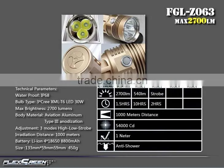 30w 2700lm high bright XML T6 3 led portable flashlight