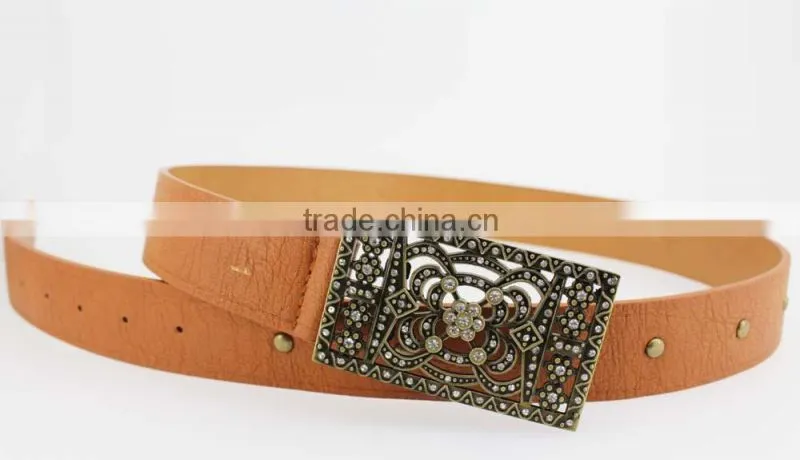 2015 Vintage Style women's fashion PU brand belt with rhinestone square shape buckle