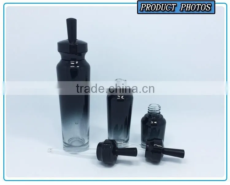 Black colored empty cosmetic packaging glass bottles and jars