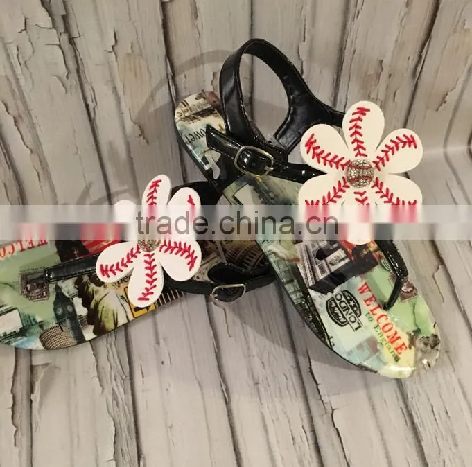 Baseball Softball Flower Sandals T Strap Shoes