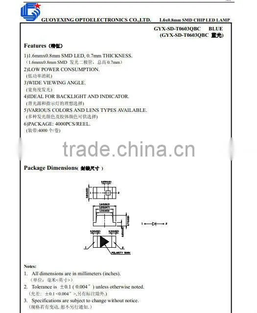 Red 0603 sdm diode of 2.0V, 625nm, 20mA and 400mcd