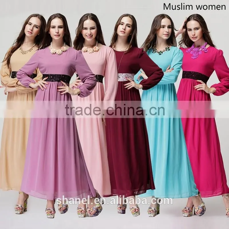hot sale chiffon baju muslim abaya dress lace waist muslim kaftan abaya