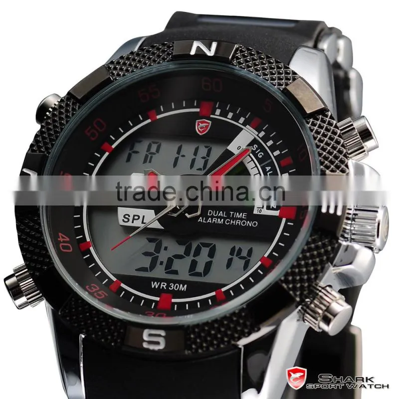 Shark Analog Digital Quatrz LCD Day Date Rubber Band Men LED Wrist Watch