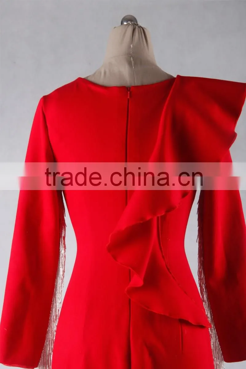 J--00103 red long sleeve muslim evening dress customized tassles o neck evening gown