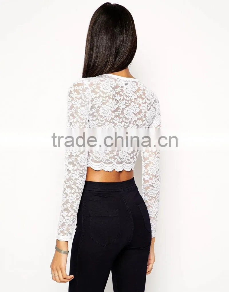 Hot sale Cropped Top With Long Sleeves In All Over Lace