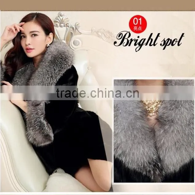hotest style ladies' long imitation mink fur overcoat with silver fox fur collar