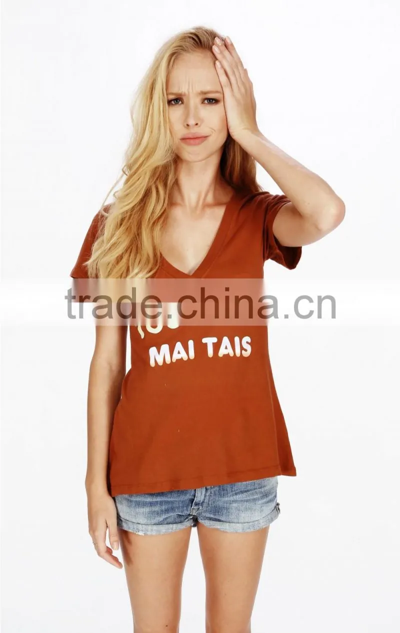 Woman short sleeve camisetas personalizadas deep v-neck
