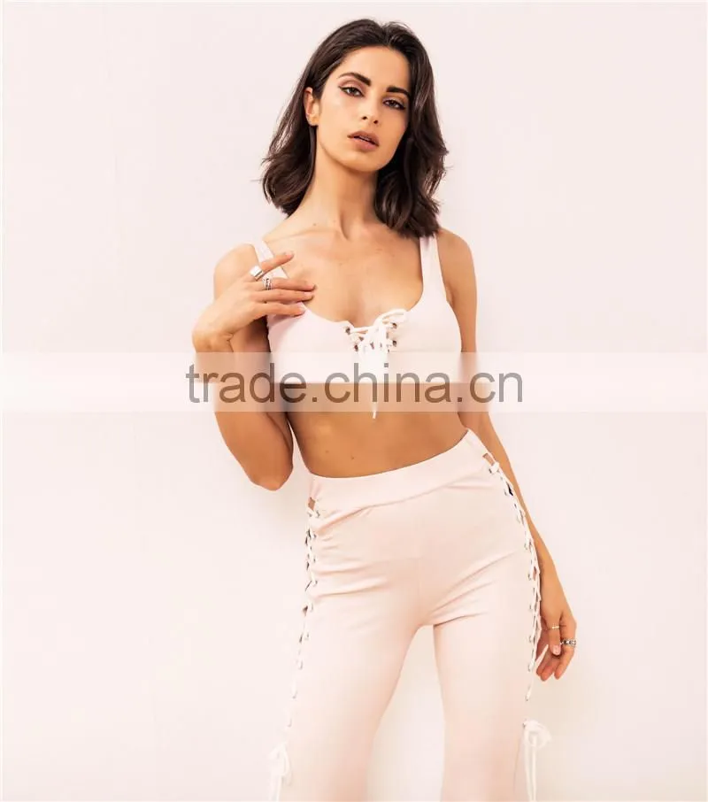 Runwaylover 100 New Fashion 2017 Ladies Suits , Women Sexy Crop Tops And Hollow Out Flared Pants