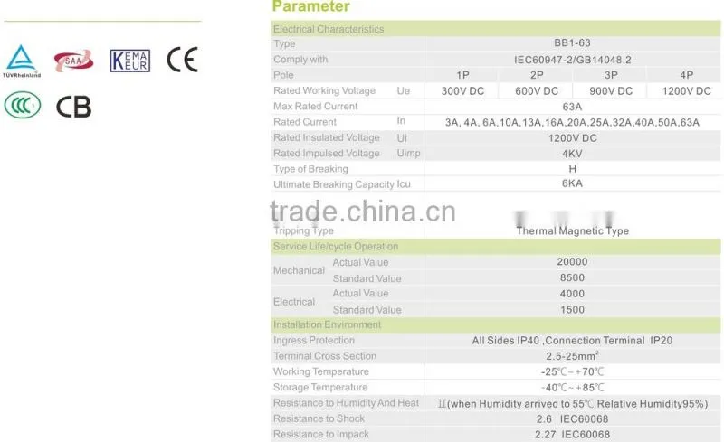 1P/2P/3P/4P dc circuit breaker 1200V