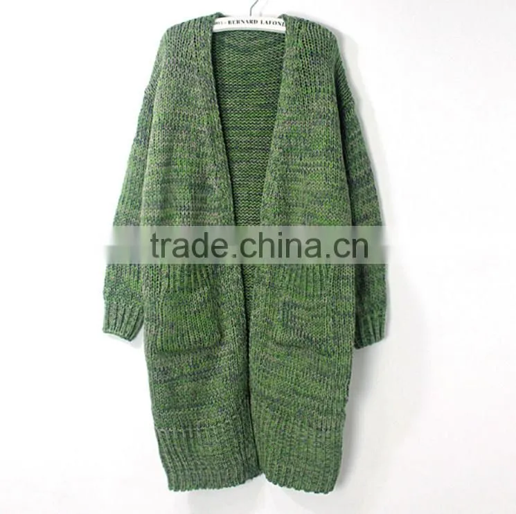 Deep v-neck knitting long coat lady long sleeve pocket casual sweater cardigan