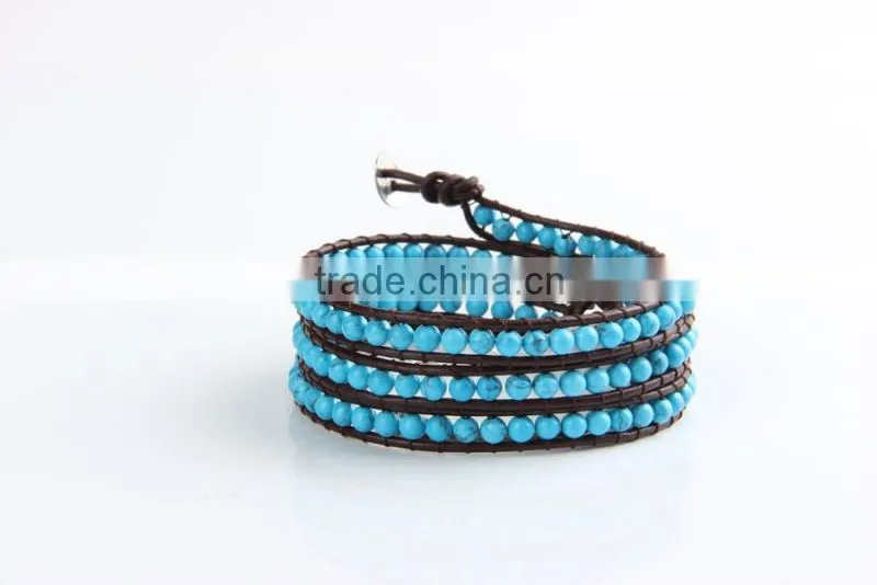 Retro Vintage Lovely Multilayer 4mm Round Blue Turquoise And Hand Knotted Brown Leather Wrap Bangle Bracelet
