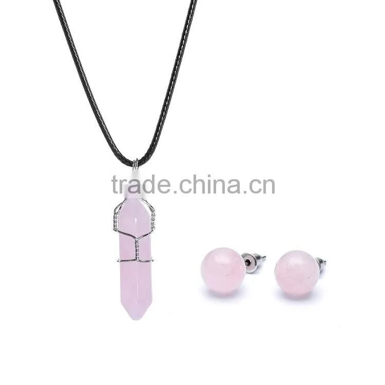 Big Promotion Rose Quartz Natural Stone Bullet Wire Necklace Earrings Jewelry Set SMJ0169