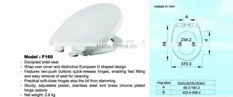 Universal shape WC toilet seat cover with soft close and quick release for bathroom