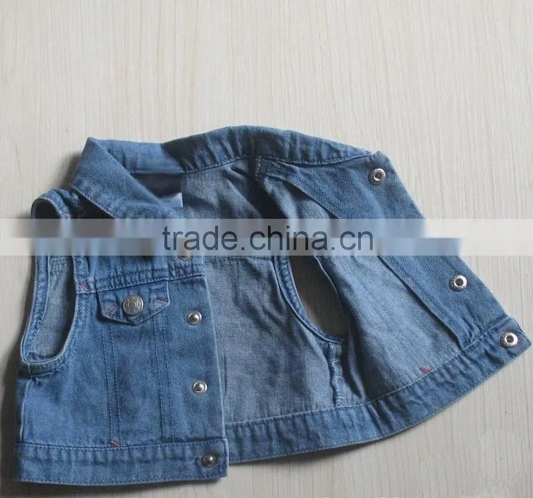 wholesale kids customized denim jacket without sleeve baby washed denim jacket