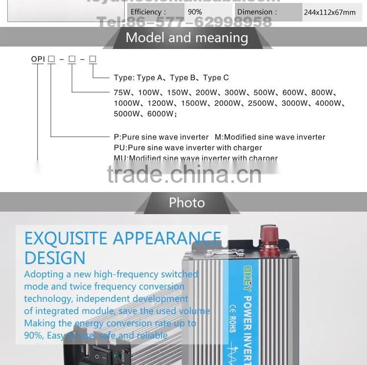 Household off-grid solar power inverter DC to AC CE RoHS OPIP-500 12v to 110v/220v high frequency sine wave power inverter