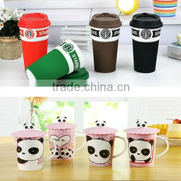 double wall decal ceramic lovers cups with silicone lid