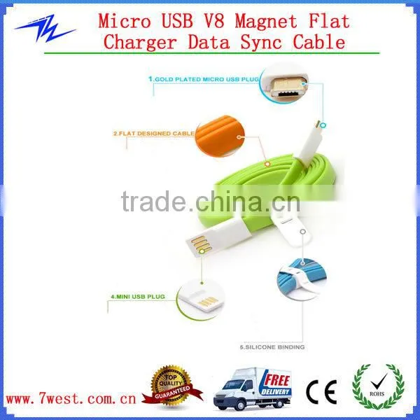 Newest Colorful Noodle Flat Magnet Micro USB Cable Charger Data Sync Cable for iPhone4/iPhone 5/Andriod smartphone