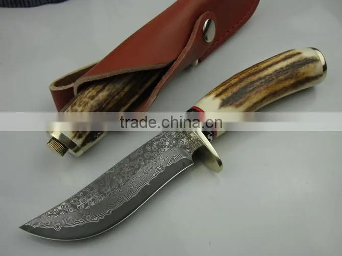 OEM damascus blade hunting knife with antlers handle