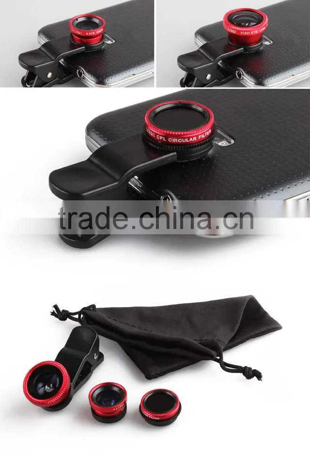 Detachable Clip-on Macro Lens+Fish-eye +0.65X Wide Angle+ Circular Polarizer Filter For Smartphones Tablet PCs