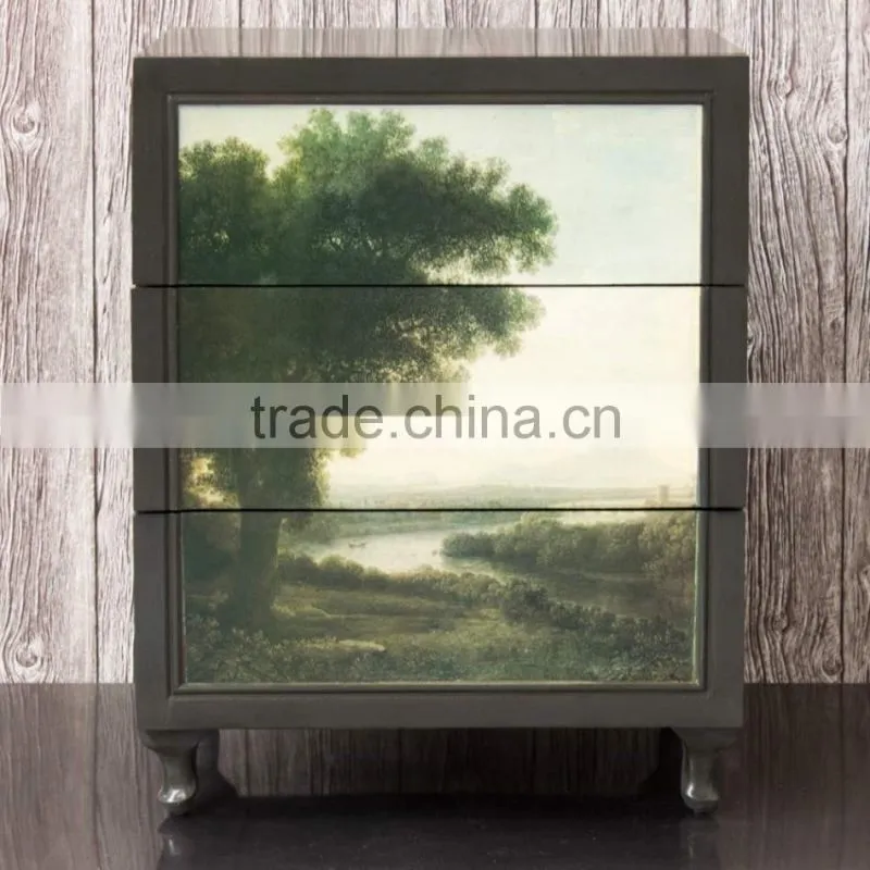 Vintage Wooden Bedside Table Digital Printing Night Table with Drawer Solid Wooden Furniture