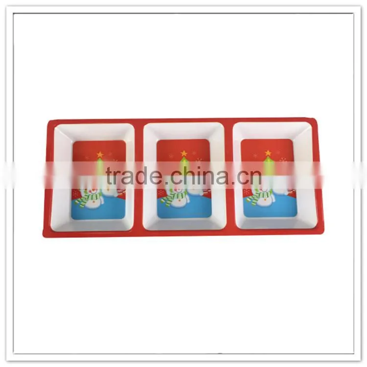 Rectangular 3 compartments chip dip, division durbale snowman Christmas decorative dishes