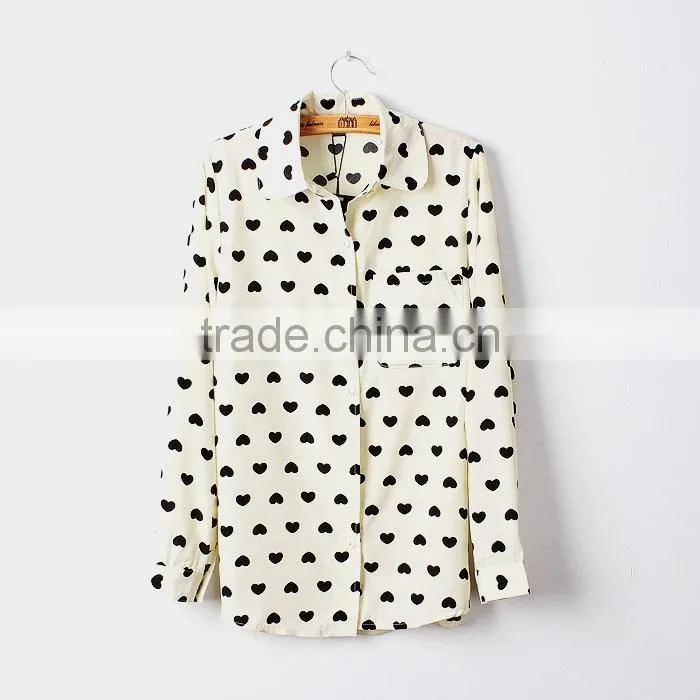 Autumn Spring 2015 Long Sleeve White Heart Printing Pattern Chiffon Blouses Shirt Women Clothing blusas femininas European Style