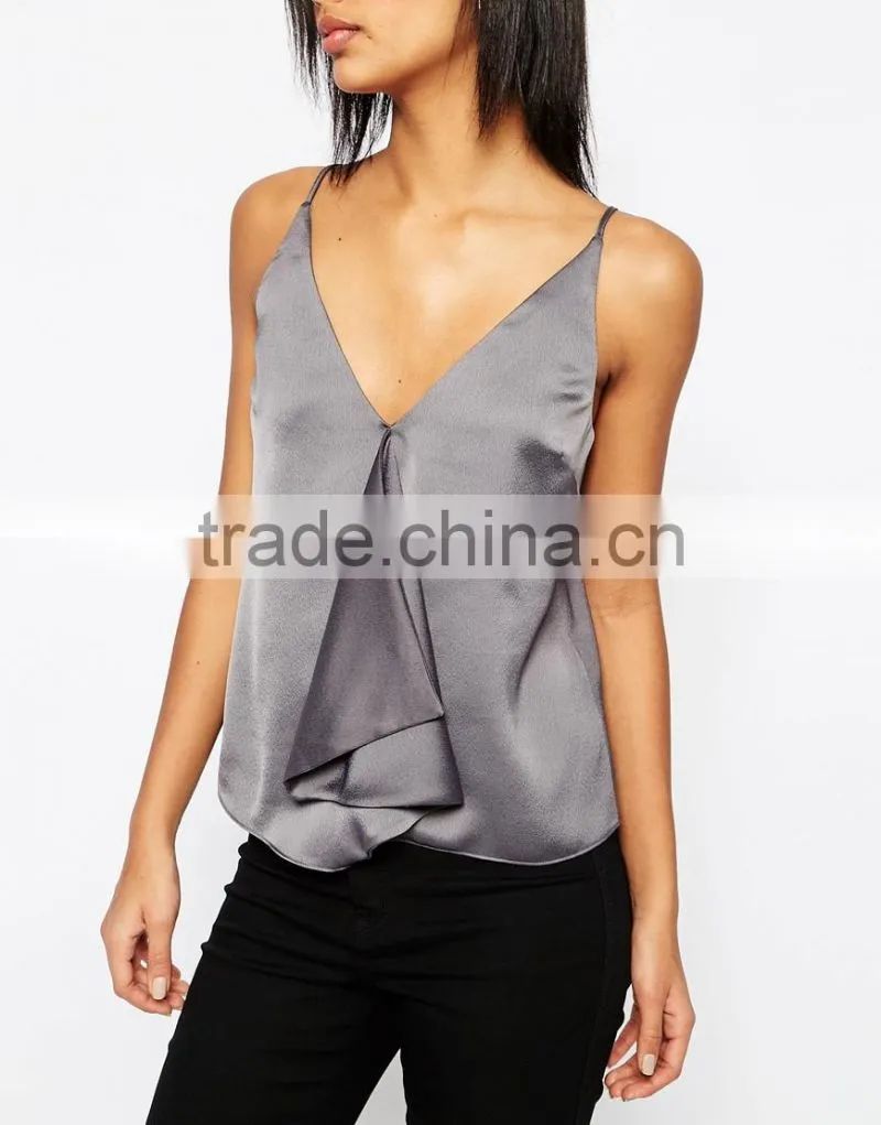 2016 Latest Ruffle Front Satin Cami Spagetti Strap Top HST8051