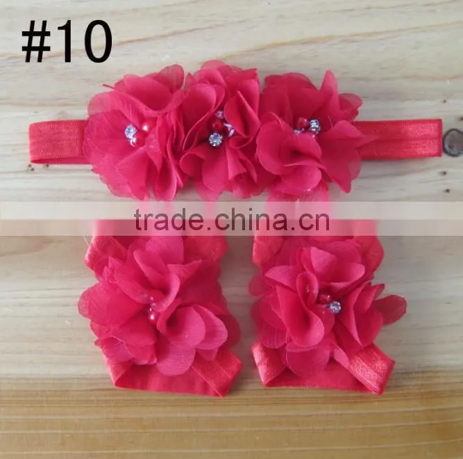 Hot 2014 fashion popular children's hand stitching Chiffon Rhinestone Flower Hair Band foot flower set and baby wrist flower