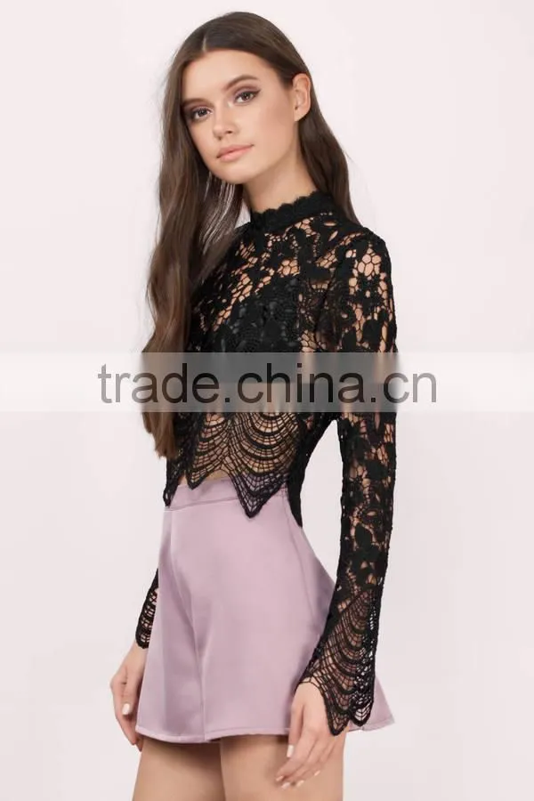 2017 latest fashion design sexy ladies black lace top