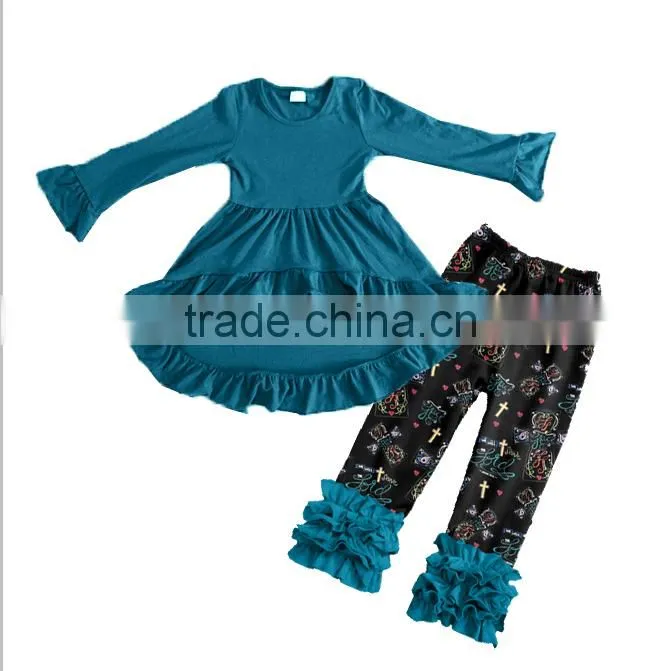Hot sale casual kids summer clothing sets girls summer sports suit baby girl blue ruffle capri pants outfit