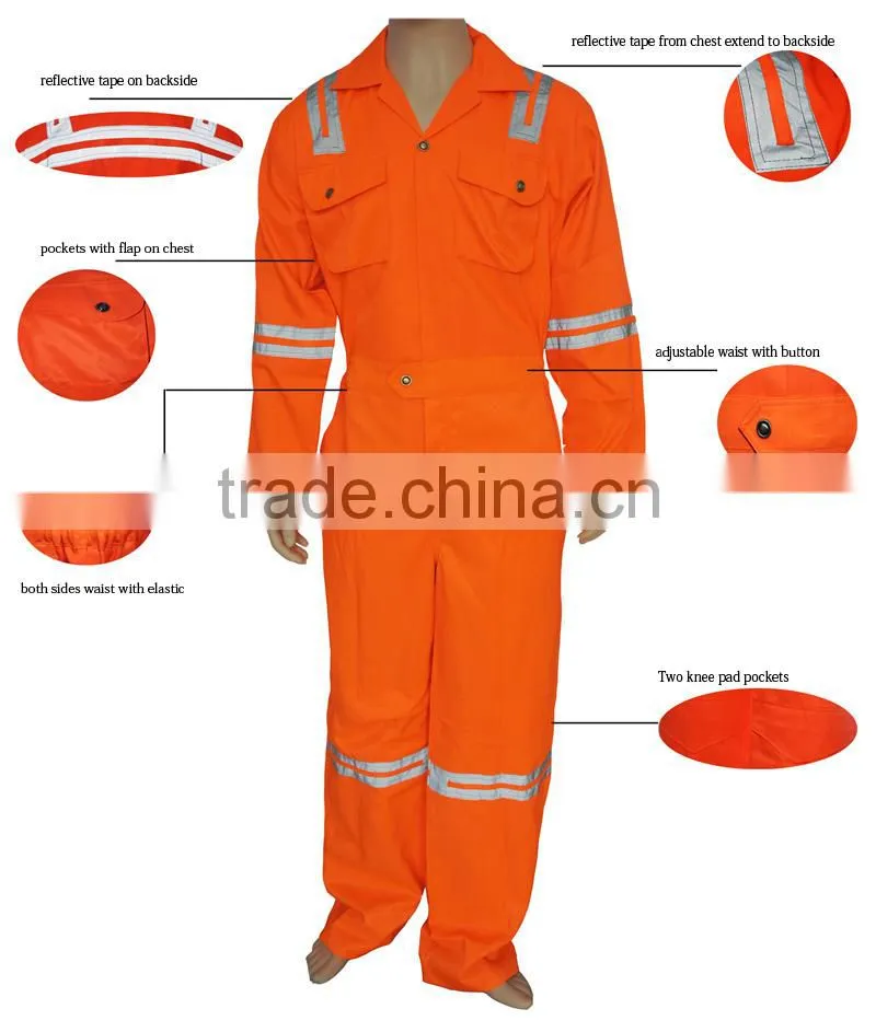 en20471 manufacture wholesale breathable cotton coverall with reflective tape for road safety