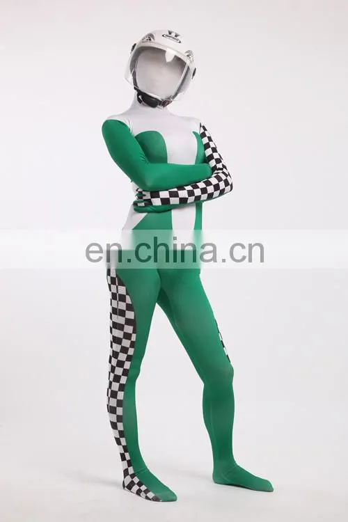 Green & White Racing Car Driver Full Body Spandex Cosplay Costume Zentai Suit