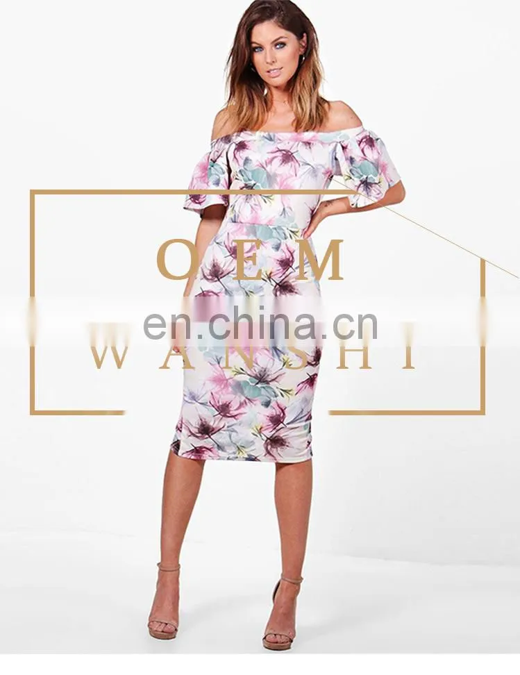 newest women clothes Frill Sleeve print Floral off shoulder midi dress