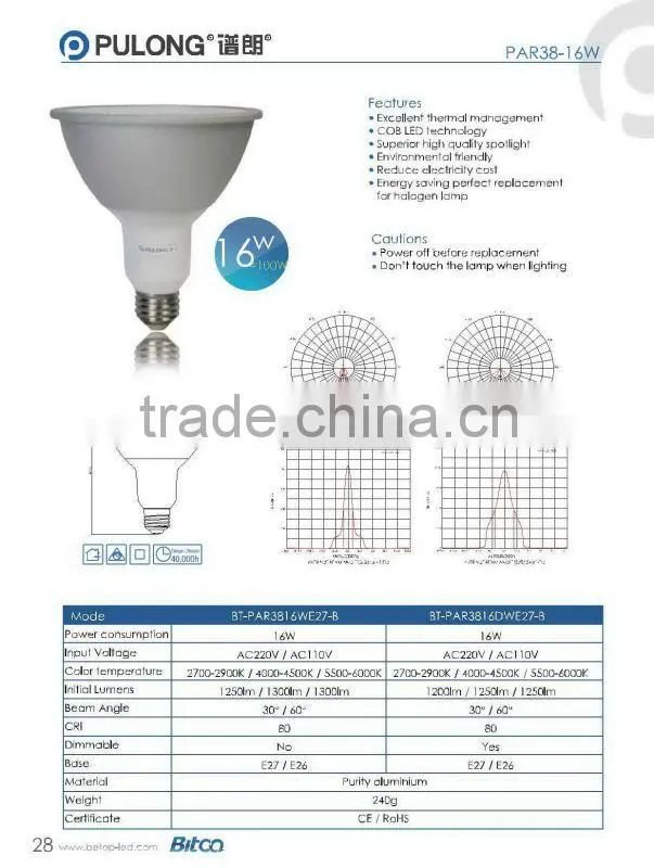 e26 16W par38 cob led