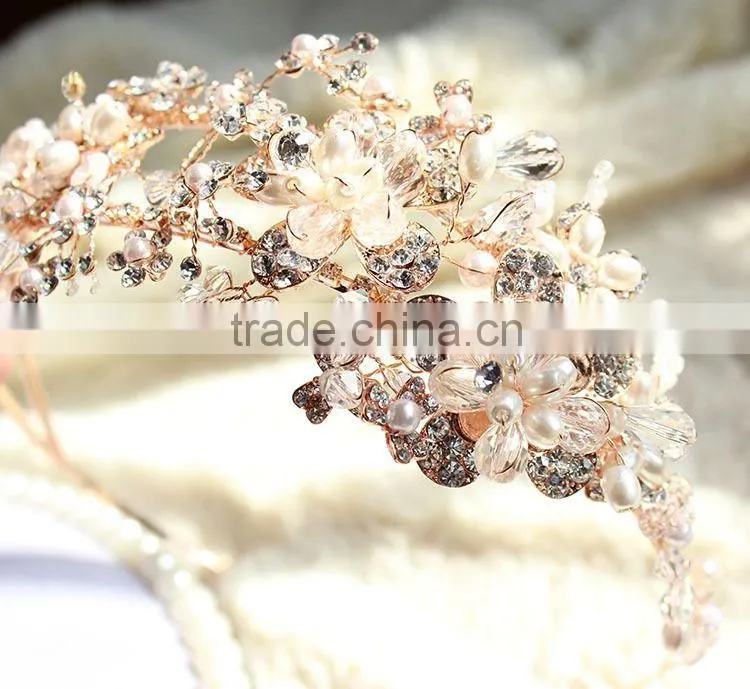 2015 Hot Sale Handmade Rhinestone Golden Flower Hair Band Hair Accessories for Women