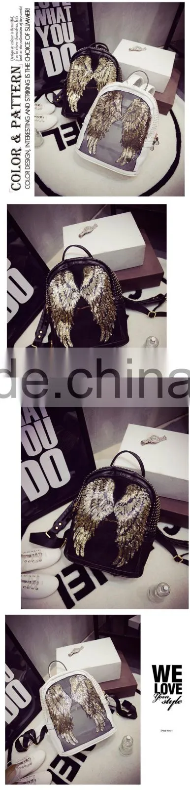 Korea fashion paillette women leather backpack outdoor bag