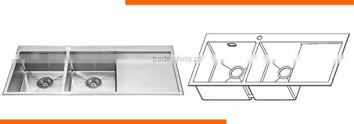 High efficient furniture small corner stainless steel double bowl overmount drainboard square kitchen sink drain