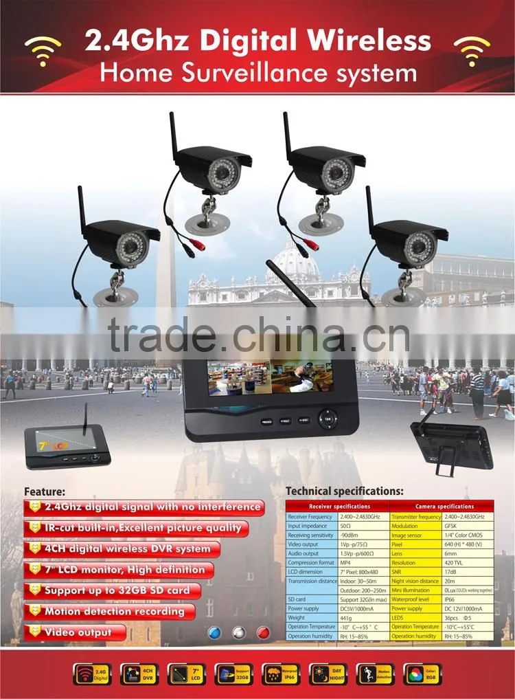 7 inch TFT LCD digital wireless 4CH DVR security system video baby monitor