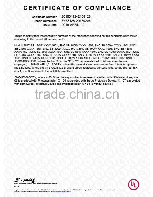 UL cUL certification cool white color temperature led street light 300W high lumen
