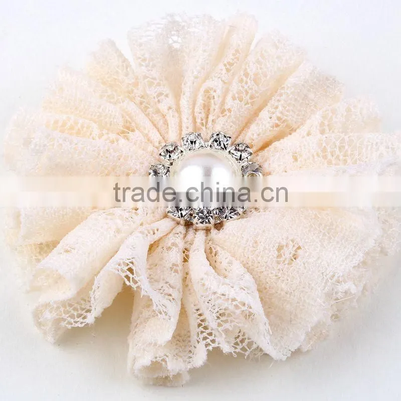 lace flower with pearl rhinestone in center for kids hair accessories
