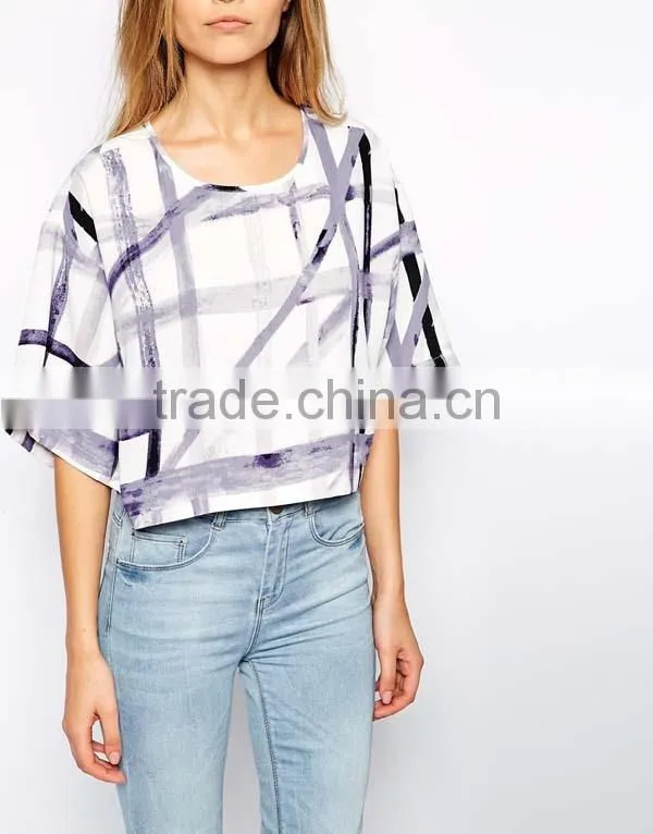 100% Polyester All Over Print Woman Stylish 3/4 Sleeve Raglan T-shirt