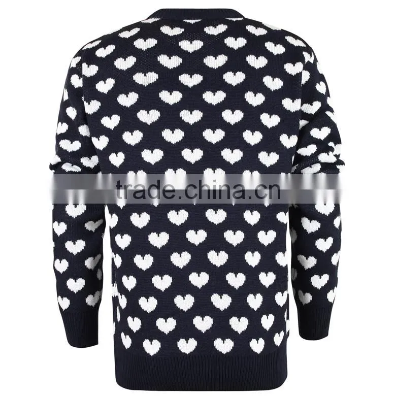 latest crew neck rib-knit hem pullover heart shape jacquard knitting sweater