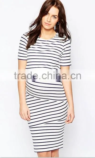 New fashion elegant dress short sleeve high quality stripe knitted maternity clothes